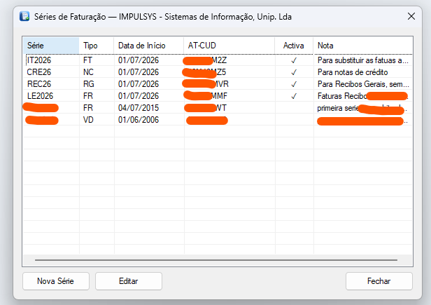 Lista de séries com ATCUD configurado